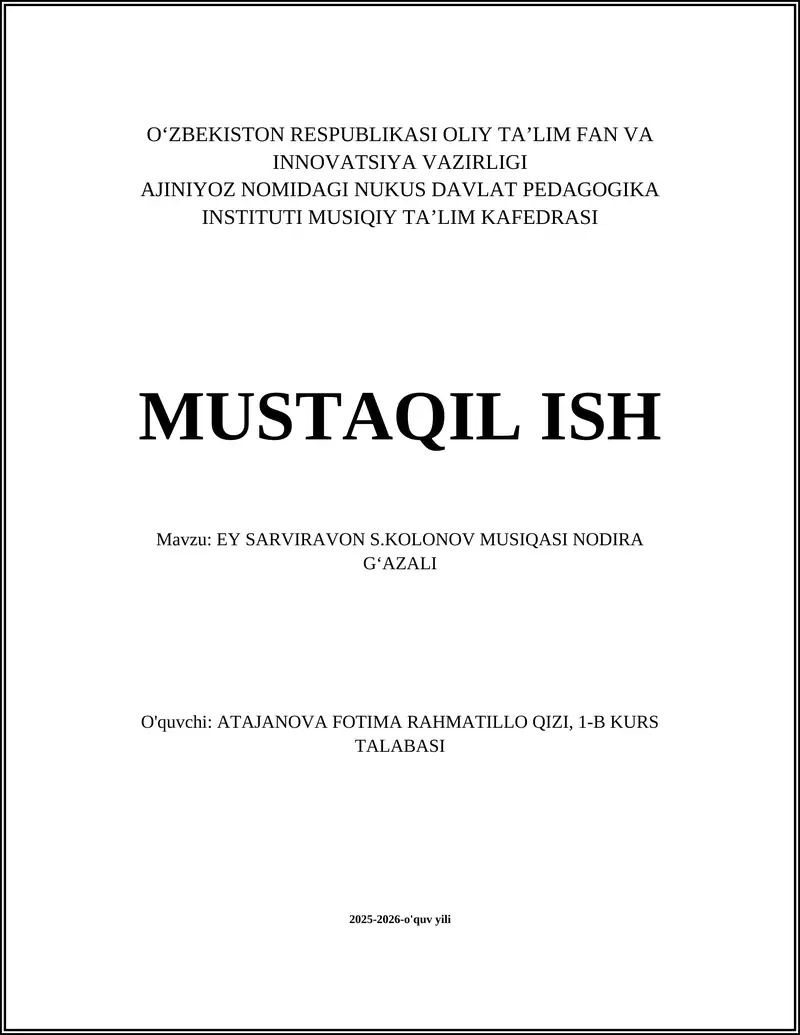 EY SARVIRAVON S.KOLONOV MUSIQASI NODIRA GʻAZALI