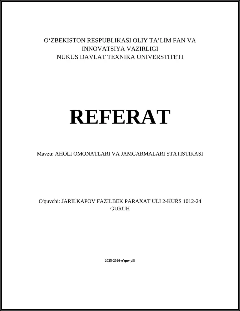 Aholi omonatlari va jamg'armalari statistikasi