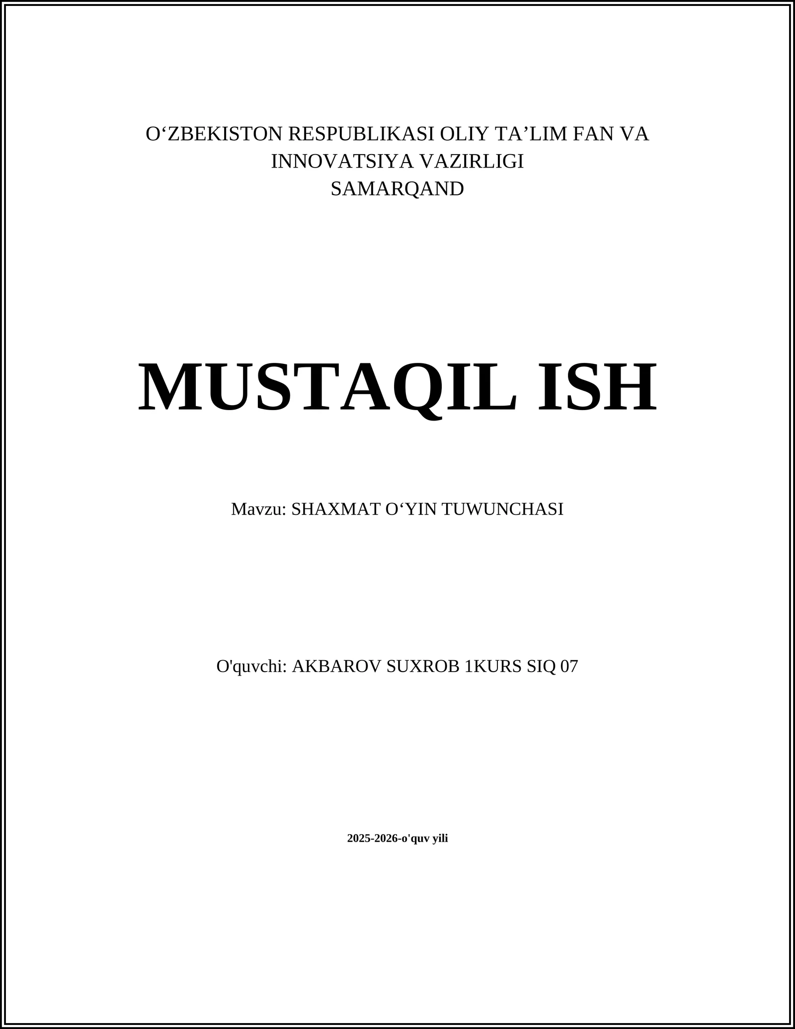 SHAXMAT OʻYIN TUWUNCHASI