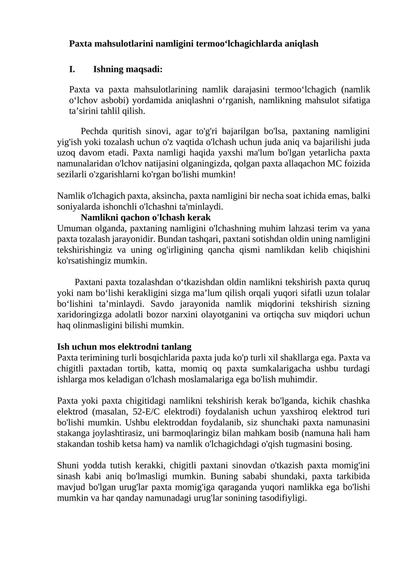 Paxta mahsulotlarini namligini termoo‘lchagichlarda aniqlash