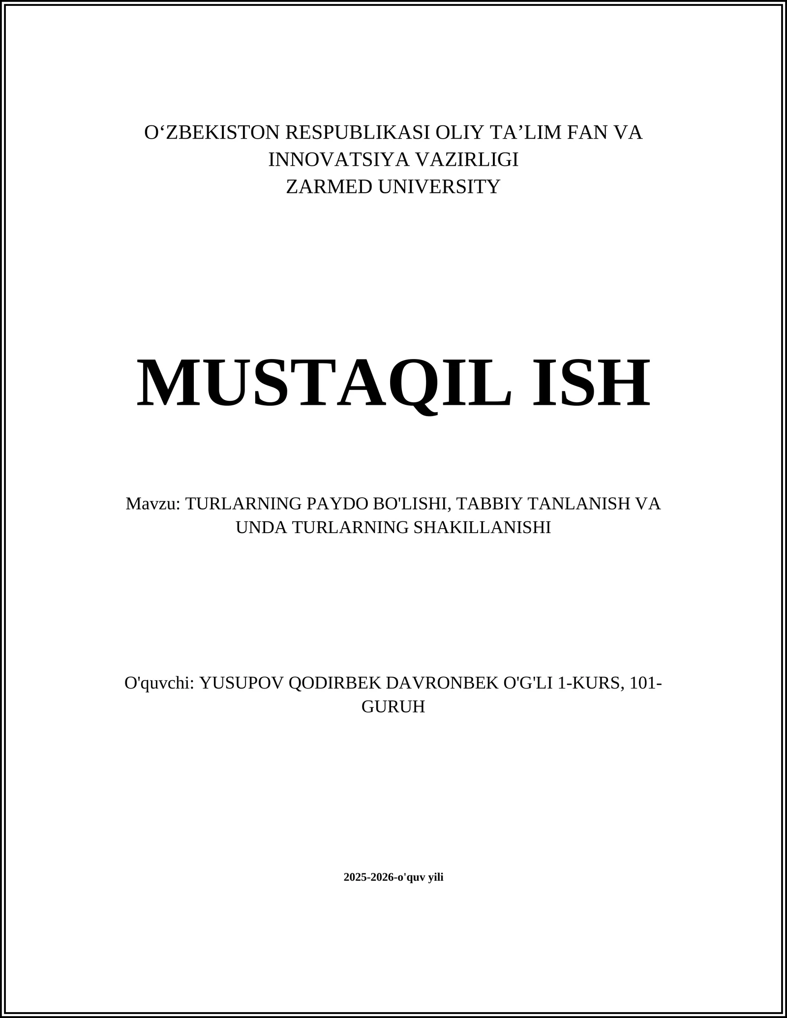 Turlarning Paydo Bo'lishi, Tabiiy Tanlanish va Turlarning Shakillanishi