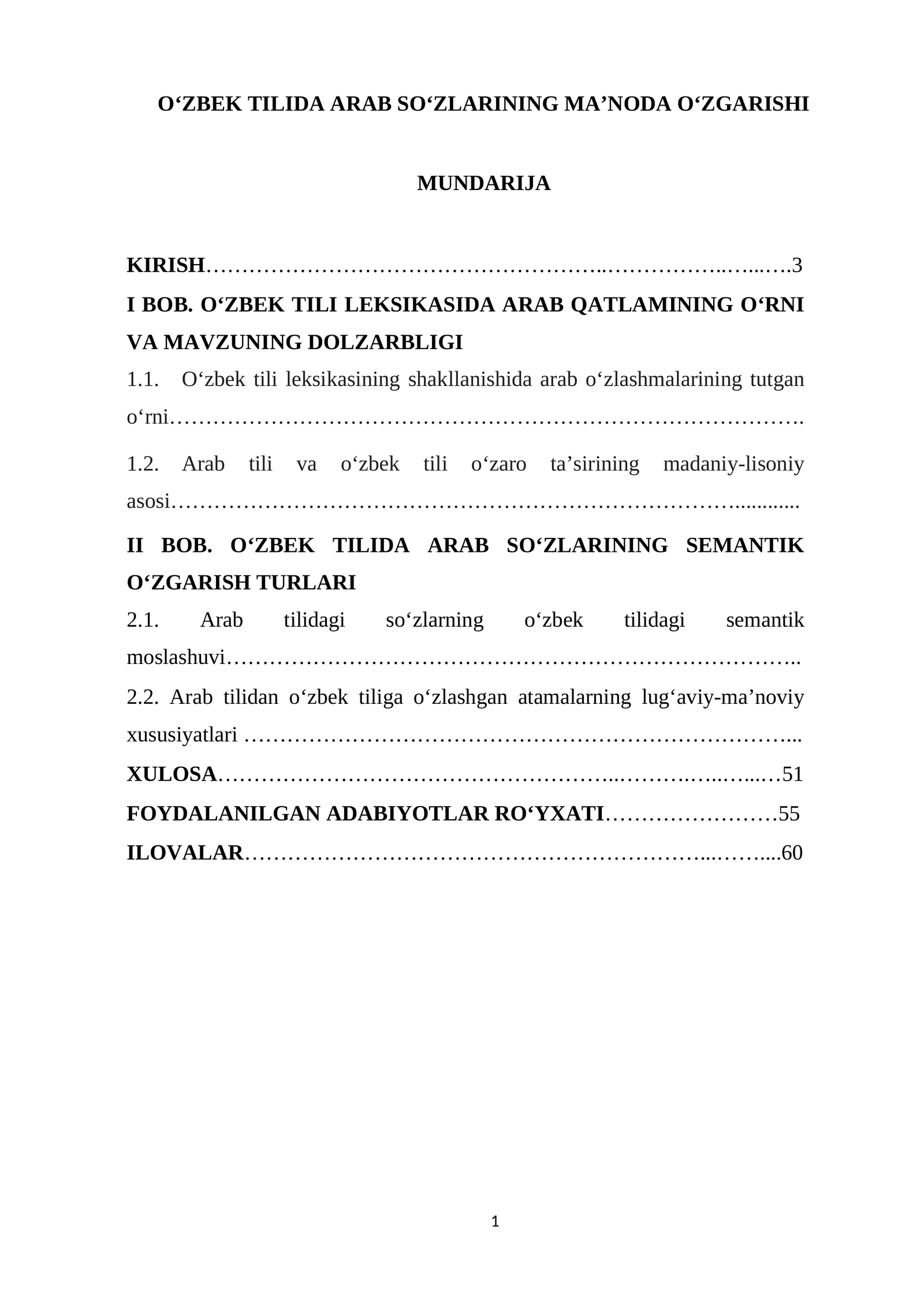 DIPLOM ISHI OʻZBEK TILIDA ARAB SO‘ZLARINING MA’NODA OʻZGARISHI