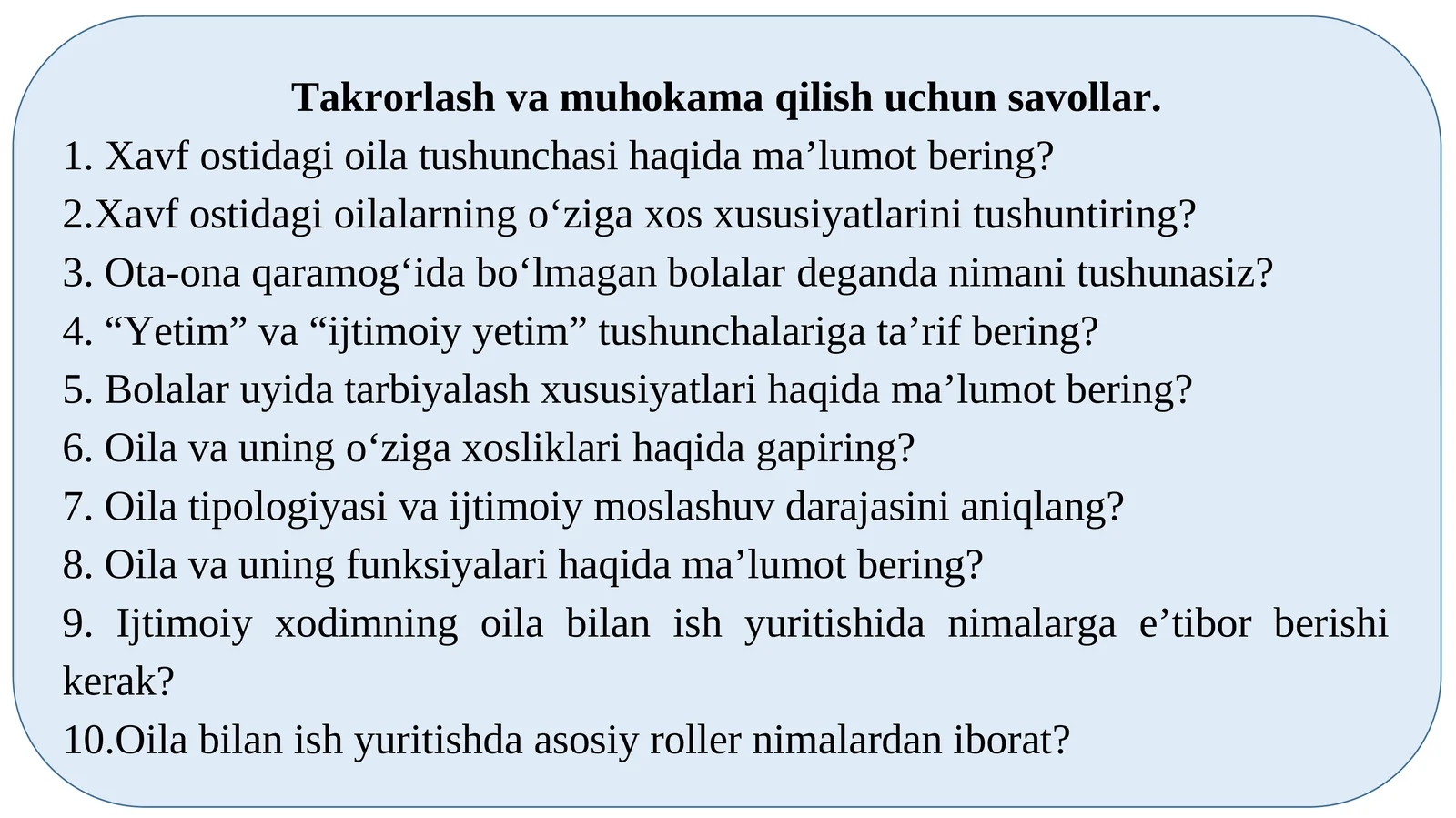 Takrorlash va muhokama qilish uchun savollar