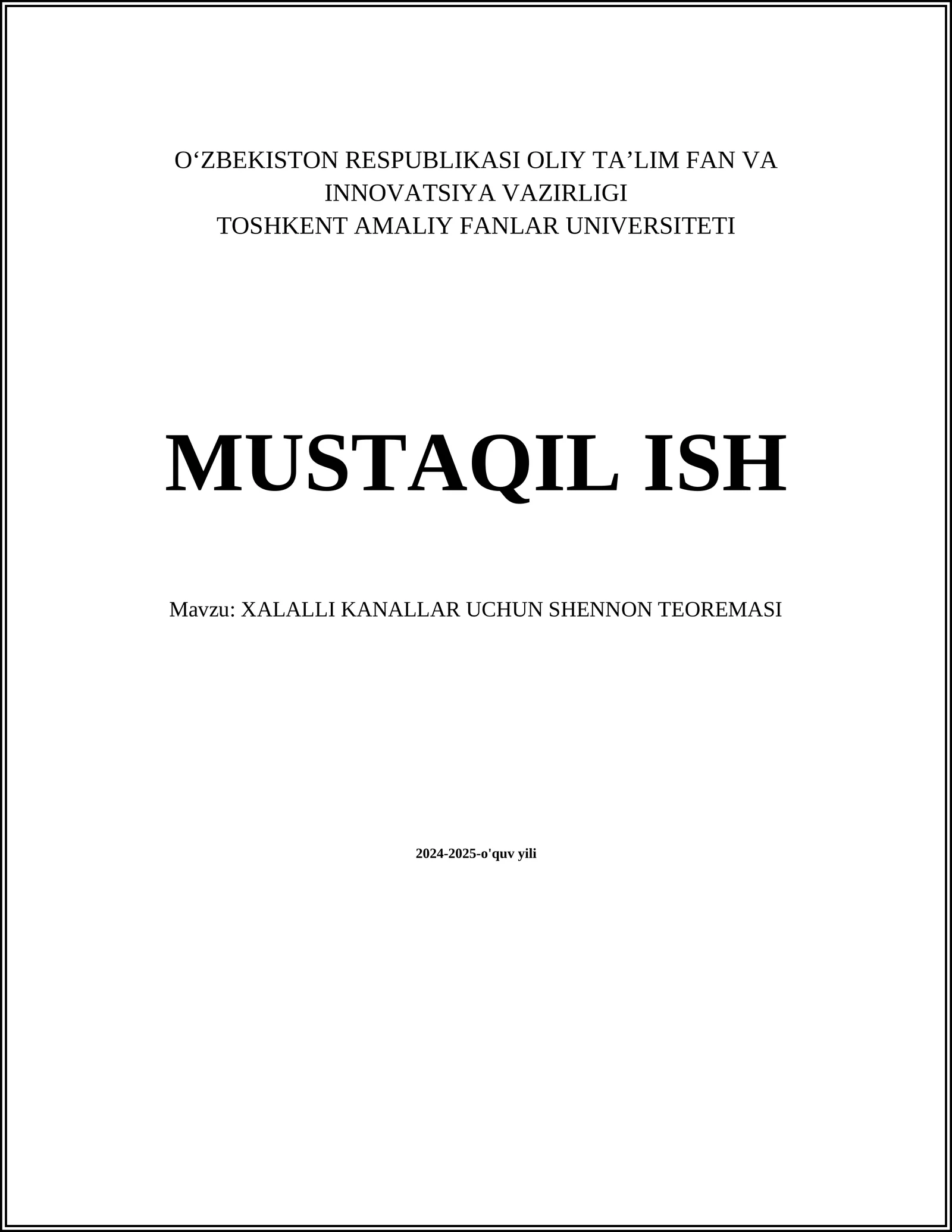 XALALLI KANALLAR UCHUN SHENNON TEOREMASI