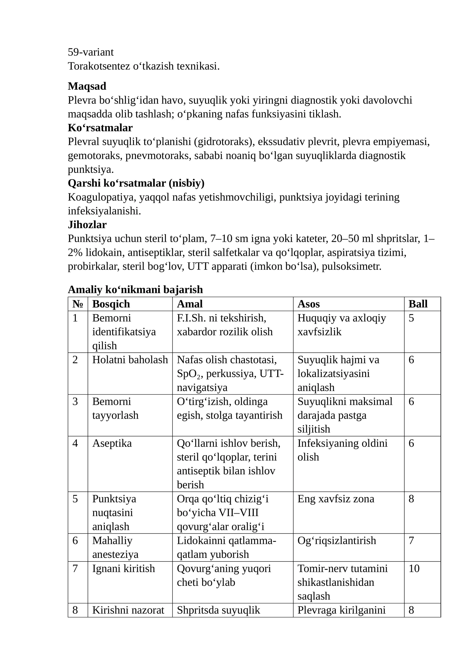 Torakotsentez o‘tkazish texnikasi
