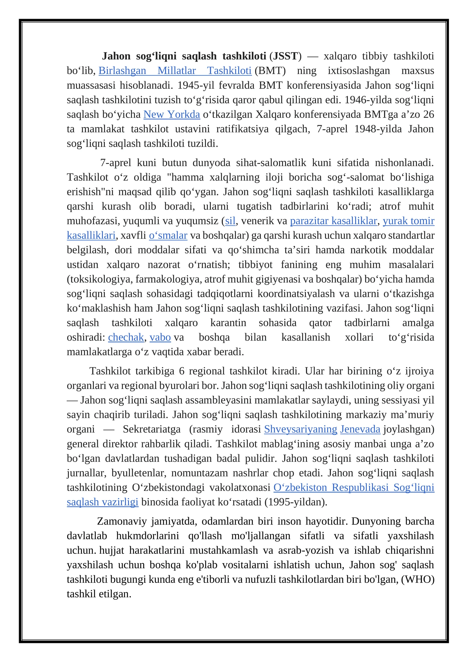 Jahon sog'liqni saqlash tashkiloti(JSST)