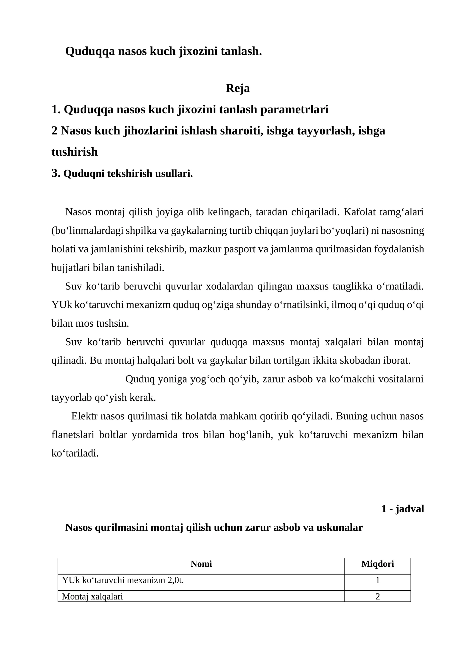 Quduqqa nasos kuch jixozini tanlash