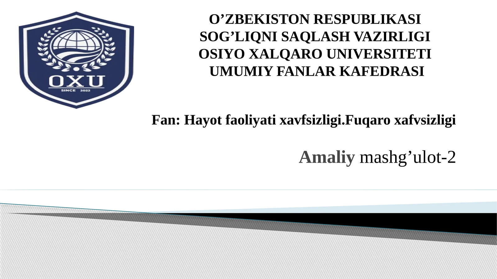 Terrorizmvaaholimuhofazasi,Ommaviyqirg‘inqurollariningtasnifi.Jabrlanisho‘chog‘iningtibbiytaktiktavsifi.Yo‘qotishlar
