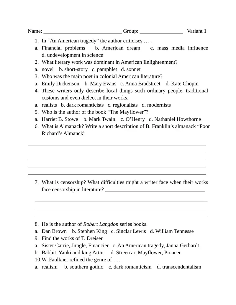 American Literature Quiz