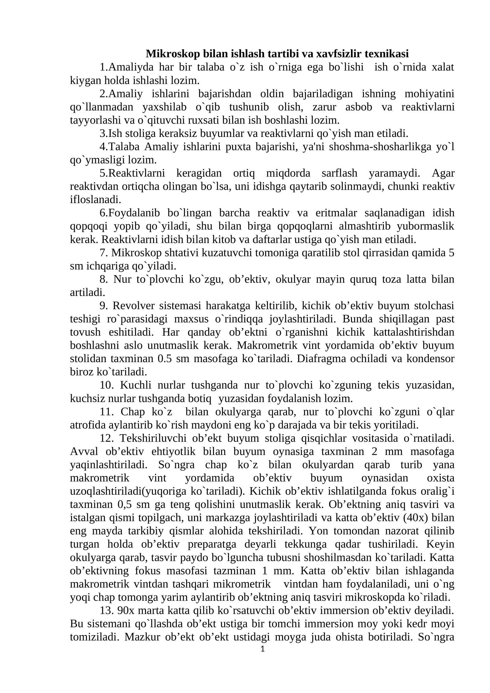 Mikroskop bilan ishlash tartibi va xavfsizlir tеxnikasi