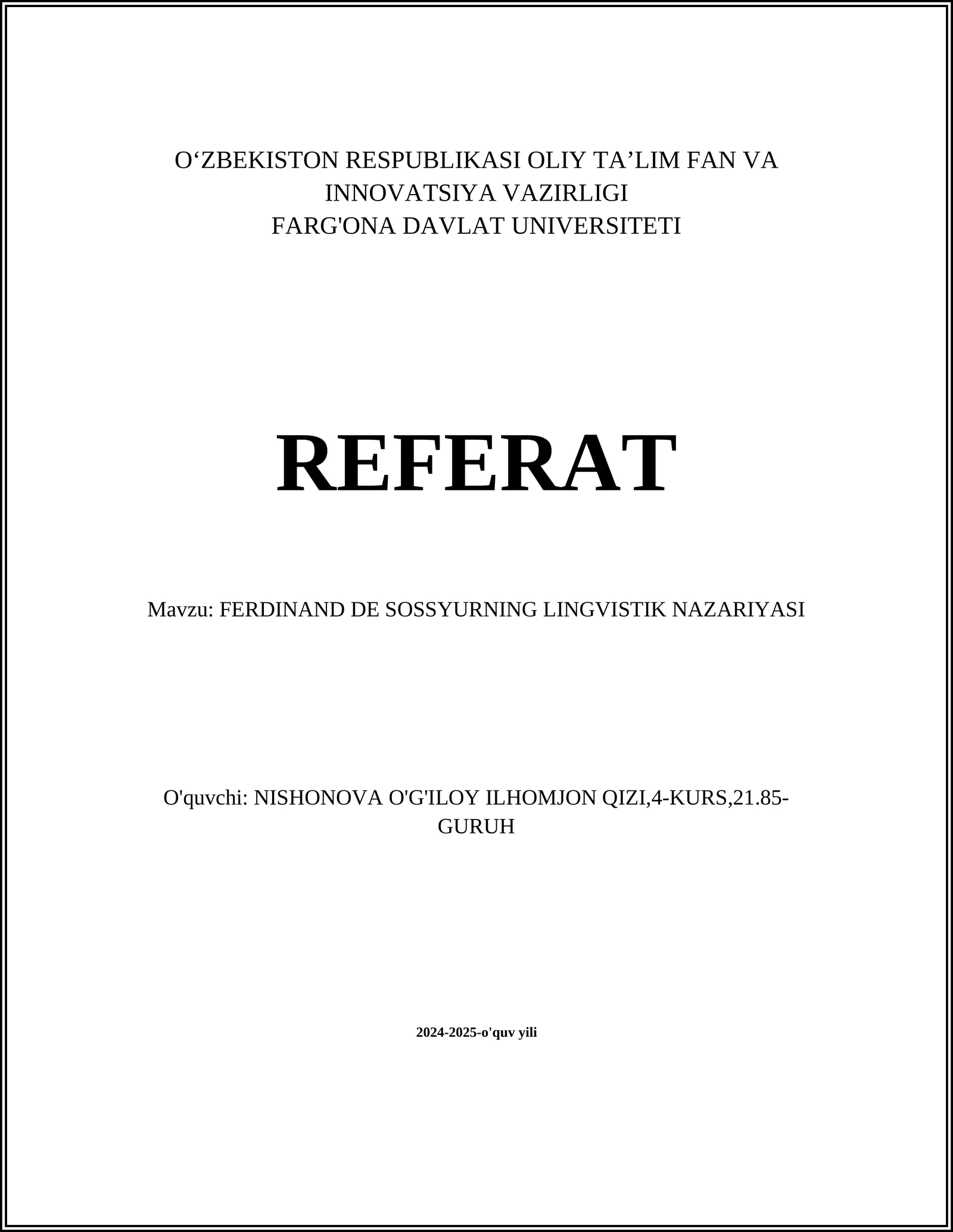 FERDINAND DE SOSSYURNING LINGVISTIK NAZARIYASI