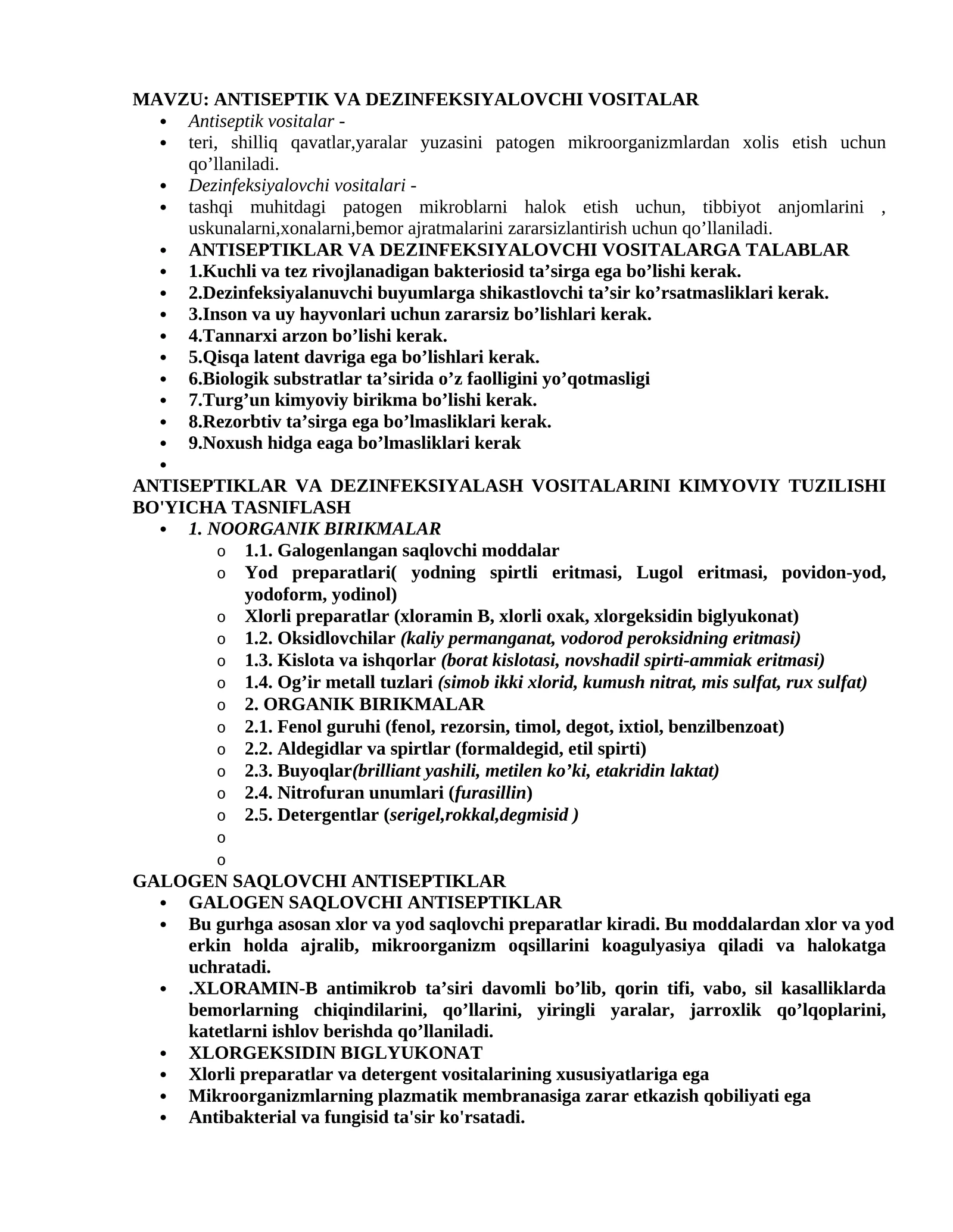 ANTISEPTIK VA DEZINFEKSIYALOVCHI VOSITALAR