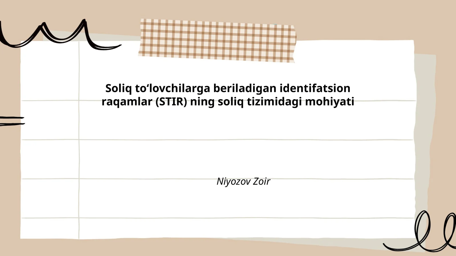 STIR Soliq to'lovchilar identifikatsion raqami bo'lib har bir yuridik va jismoniy shaxsga soliq organlari tomonidan beriladigan yagona koddir