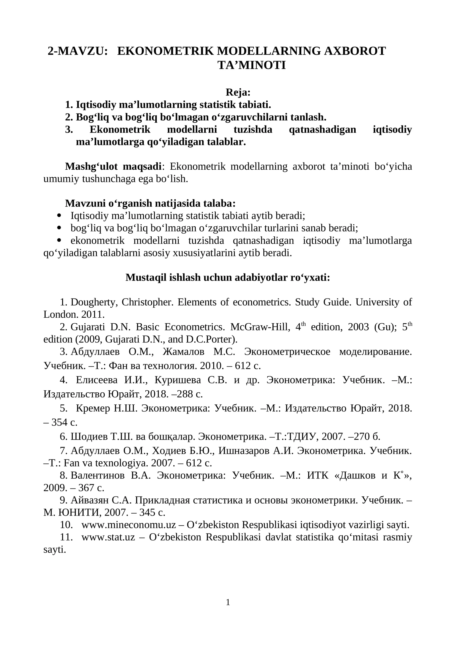 EKONOMETRIK MODELLARNING AXBOROT TA’MINOTI