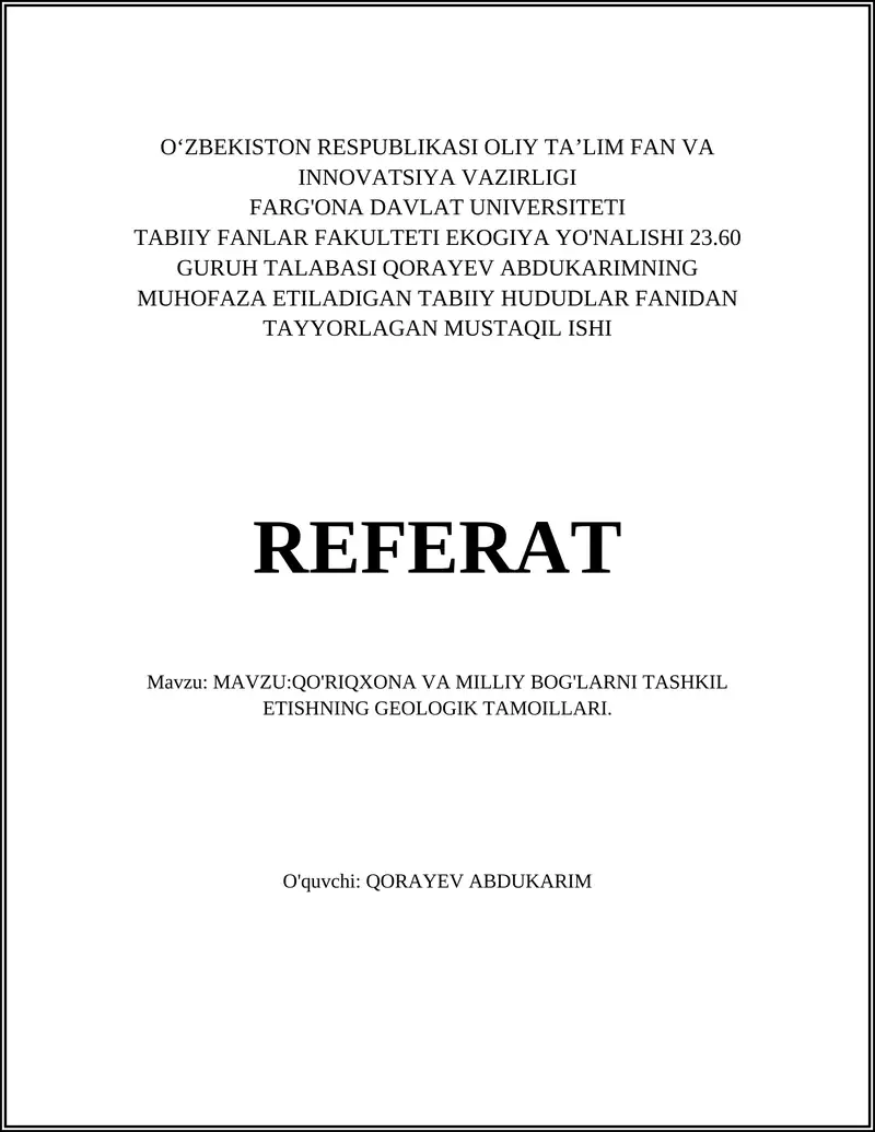QO'RIQXONALARNI TASHKIL ETISHNING GEOLOGIK ASOSLARI