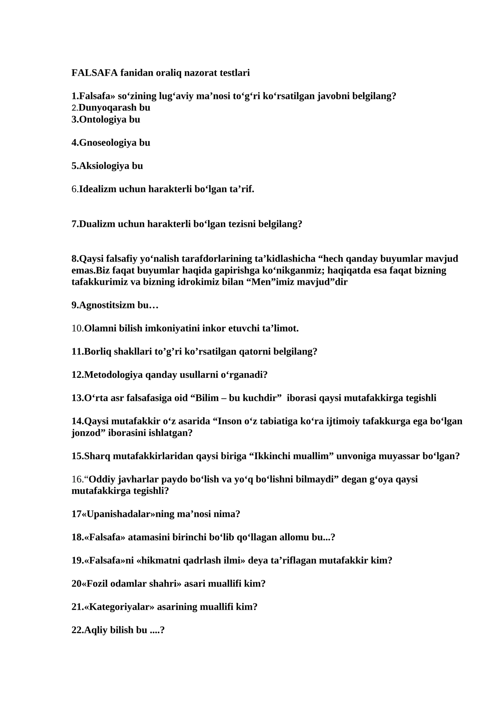 FALSAFA fanidan oraliq nazorat testlari