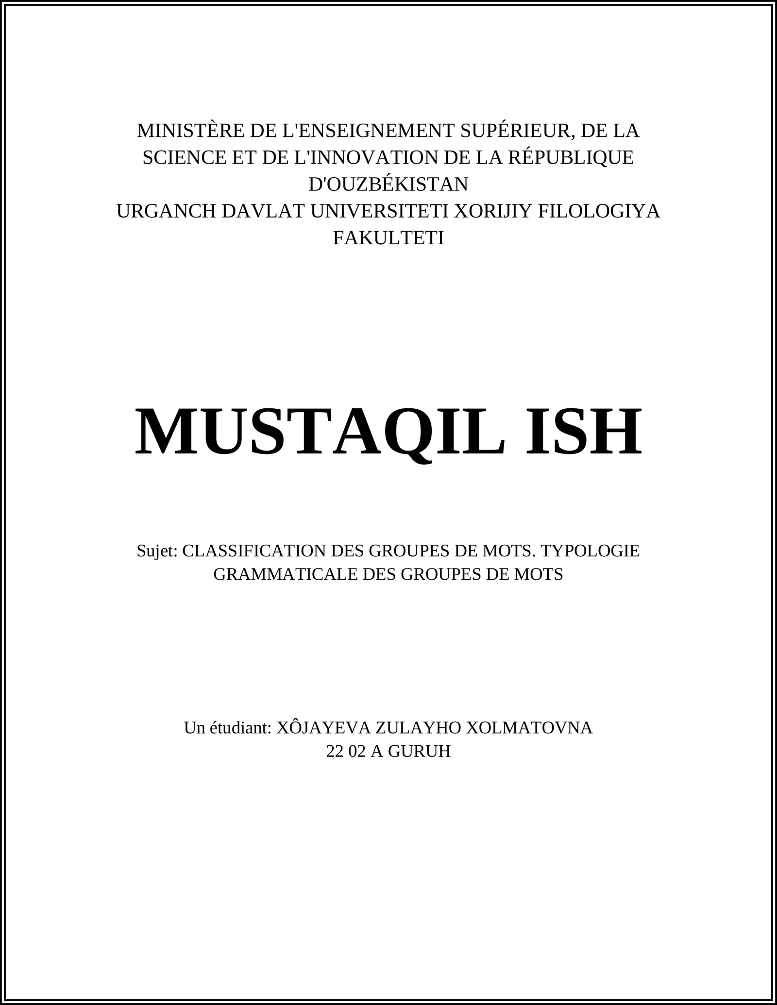 CLASSIFICATION DES GROUPES DE MOTS. TYPOLOGIE GRAMMATICALE DES GROUPES DE MOTS