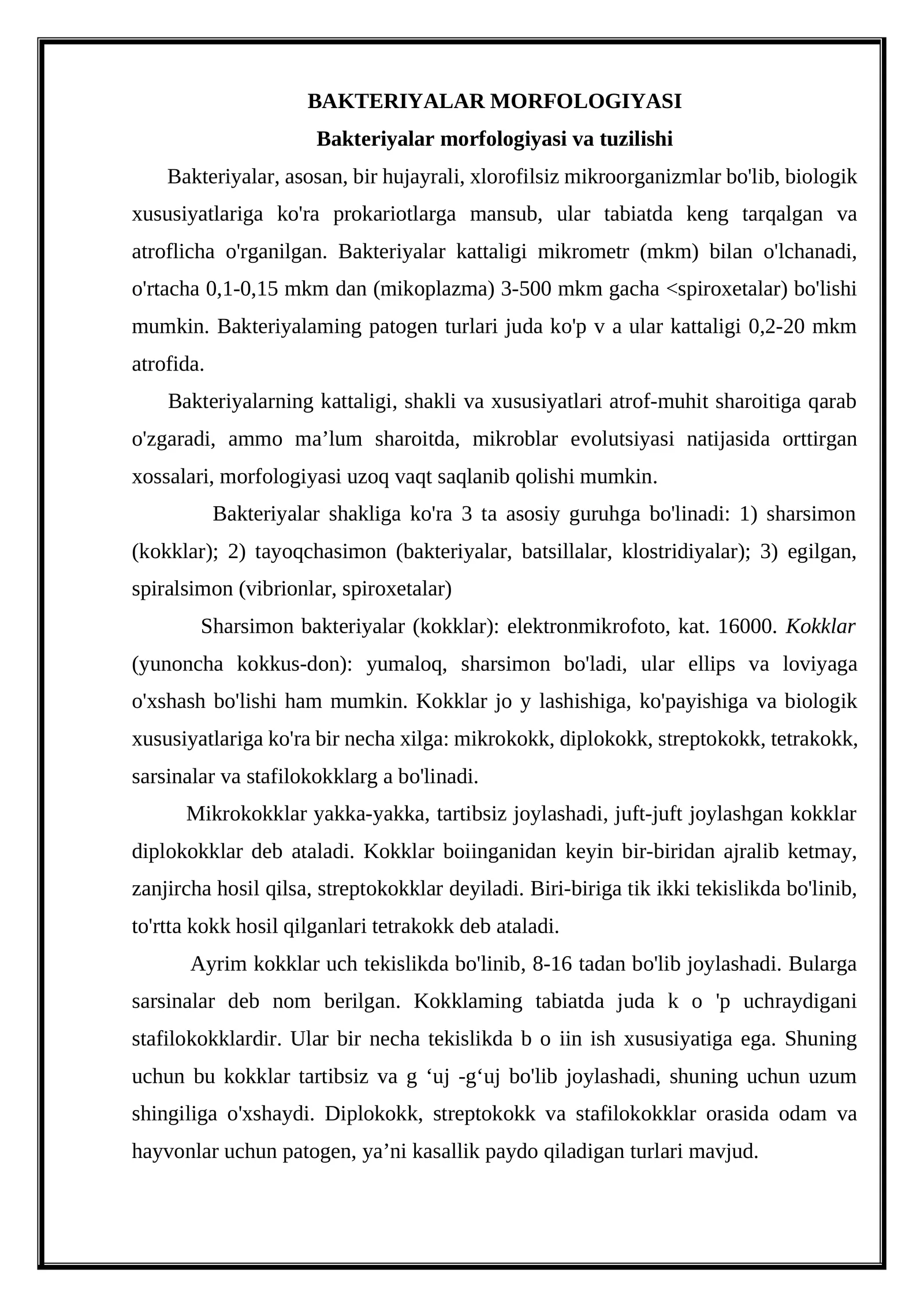 BAKTERIYALAR MORFOLOGIYASI