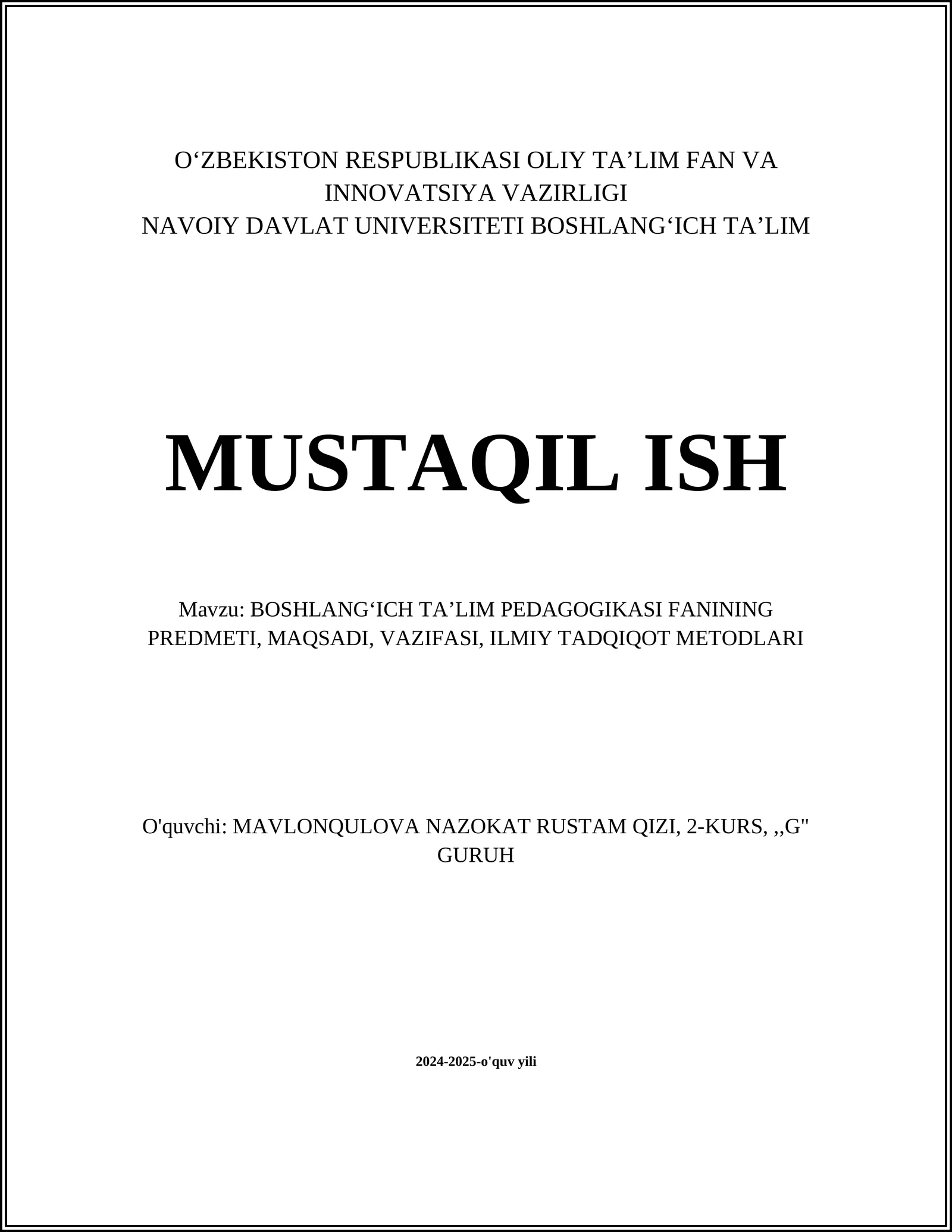 Boshlang'ich Ta'lim Pedagogikasi