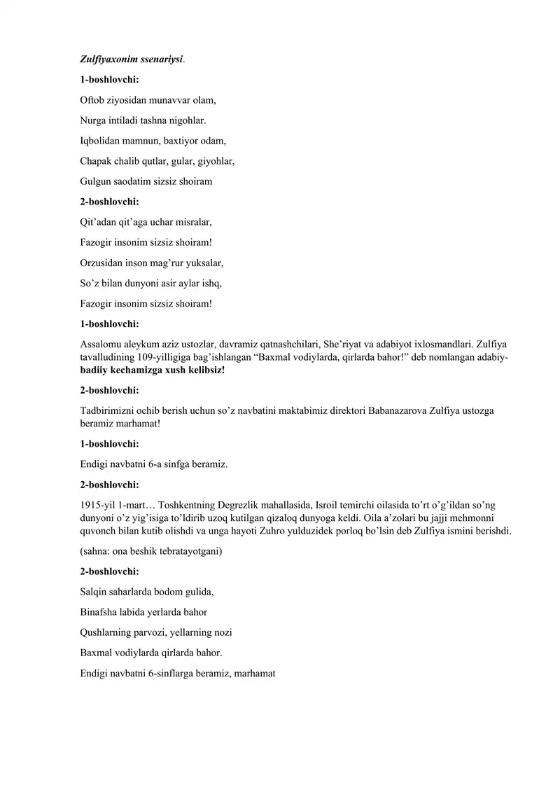 zulfiyaxonim ssenariysi