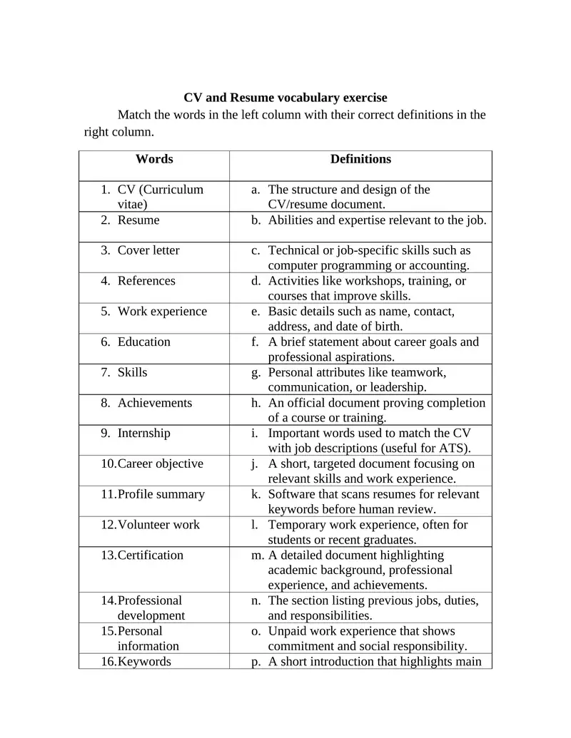 CV and Resume vocabulary exercise