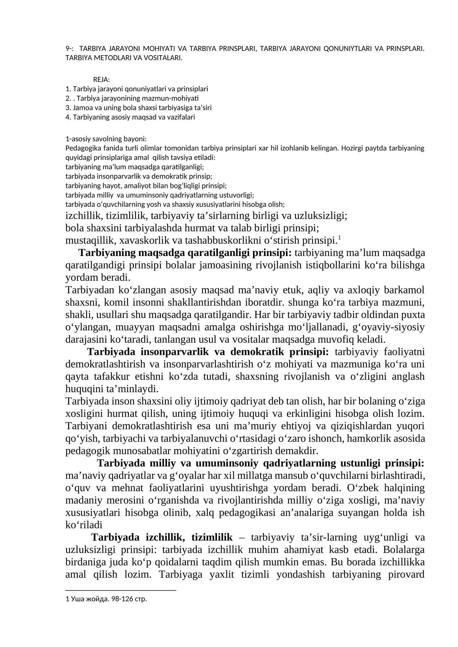 TARBIYA JARAYONI MOHIYATI VA TARBIYA PRINSPLARI