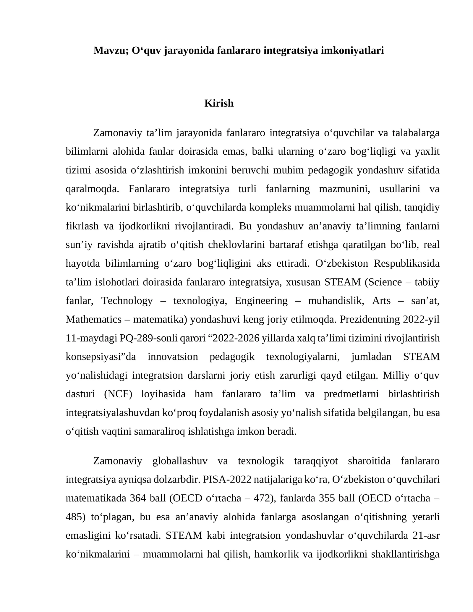 O‘quv jarayonida fanlararo integratsiya imkoniyatlari