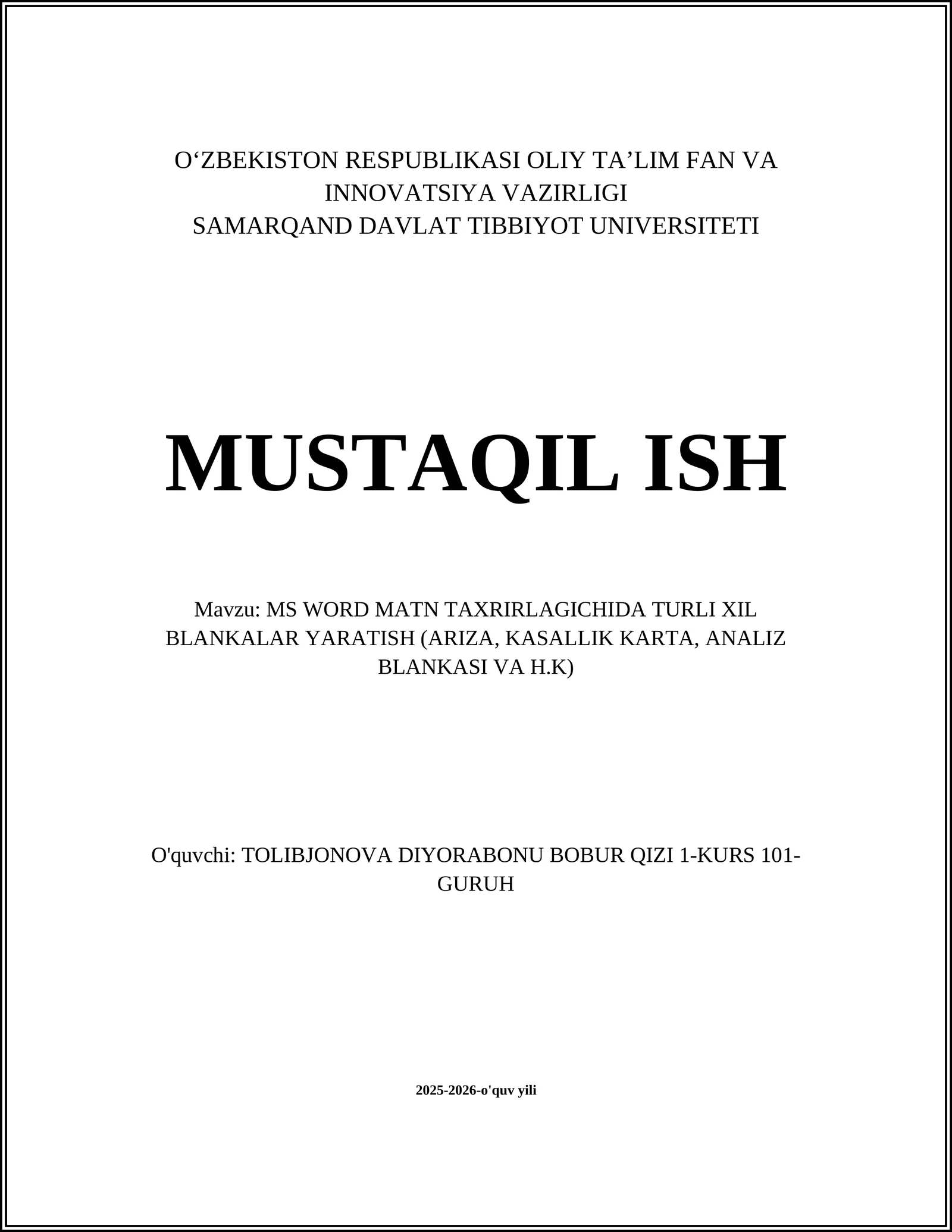 MS WORD MATN TAXRIRLAGICHIDA TURLI XIL BLANKALAR YARATISH (ARIZA, KASALLIK KARTA, ANALIZ BLANKASI VA H.K)