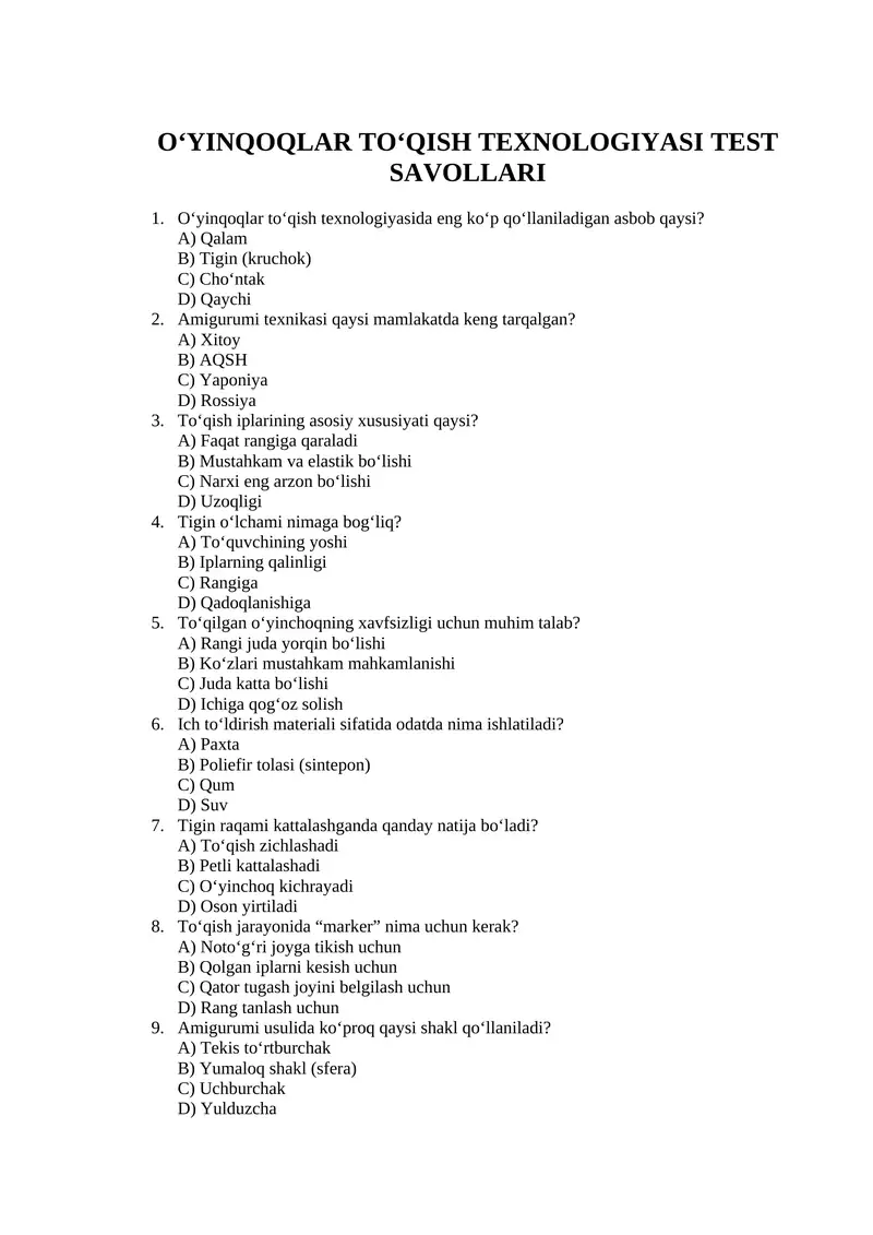 O‘YINQOQLAR TO‘QISH TEXNOLOGIYASI TEST SAVOLLARI