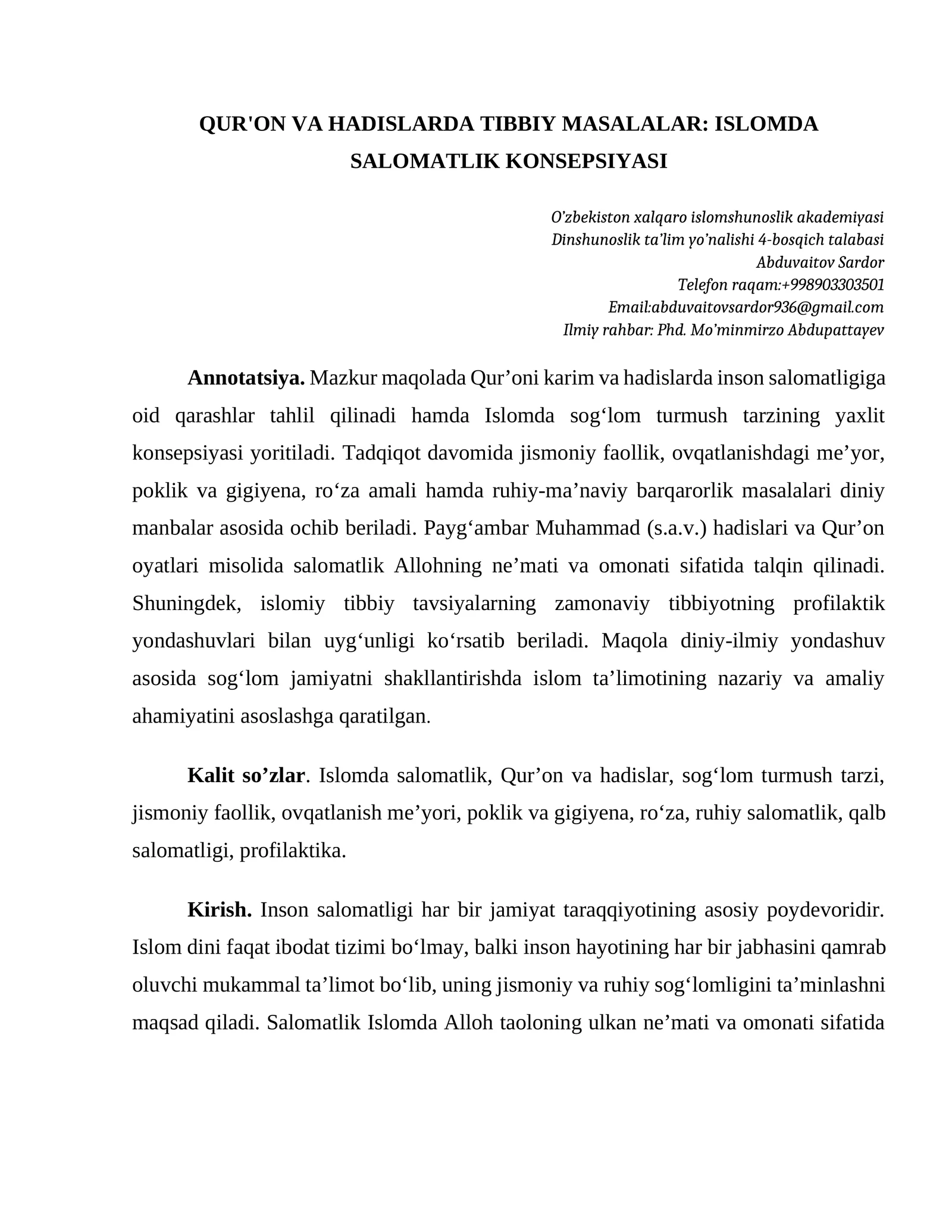 QUR'ON VA HADISLARDA TIBBIY MASALALAR: ISLOMDA SALOMATLIK KONSEPSIYASI