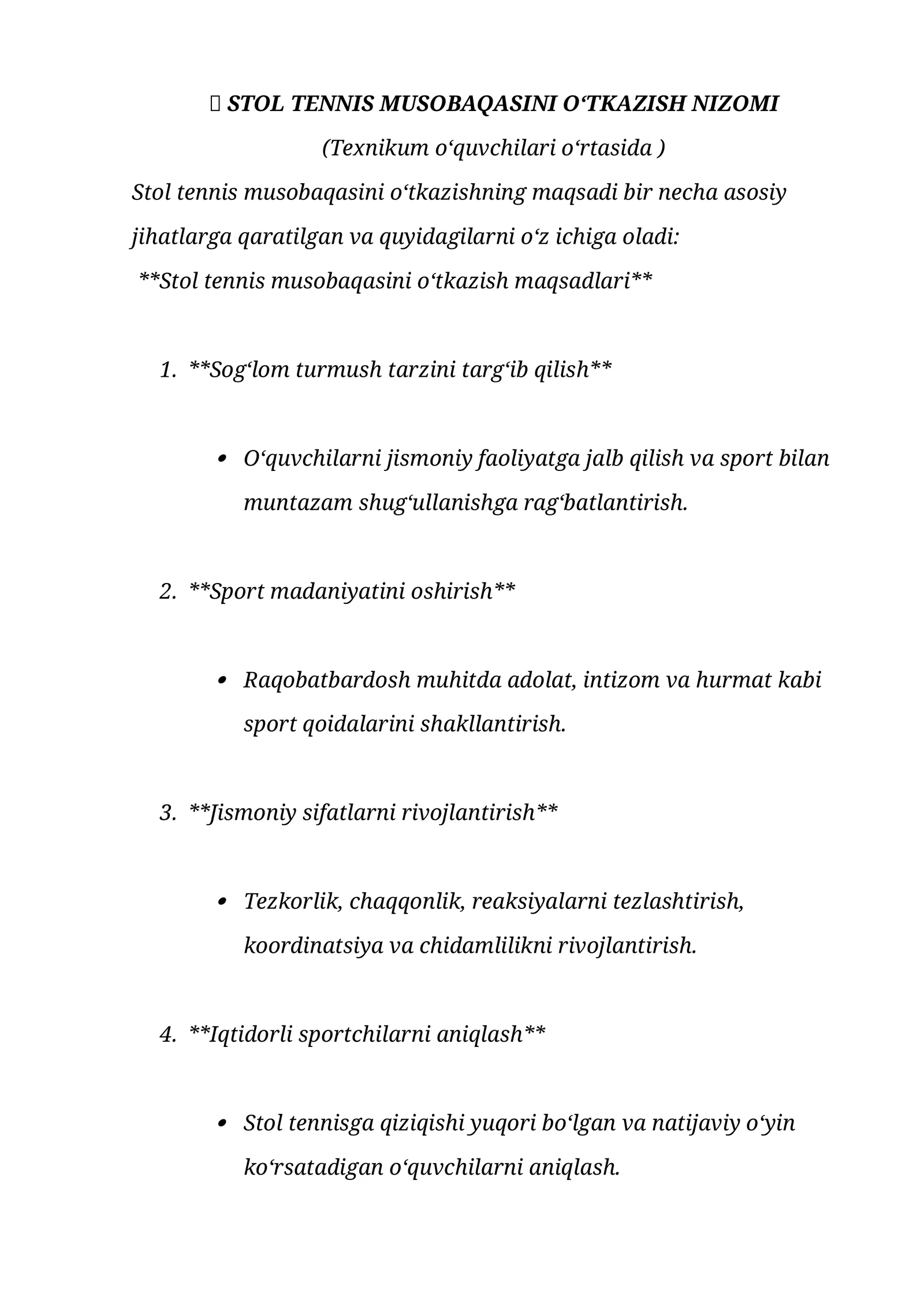 STOL TENNIS MUSOBAQASINI O‘TKAZISH NIZOMI