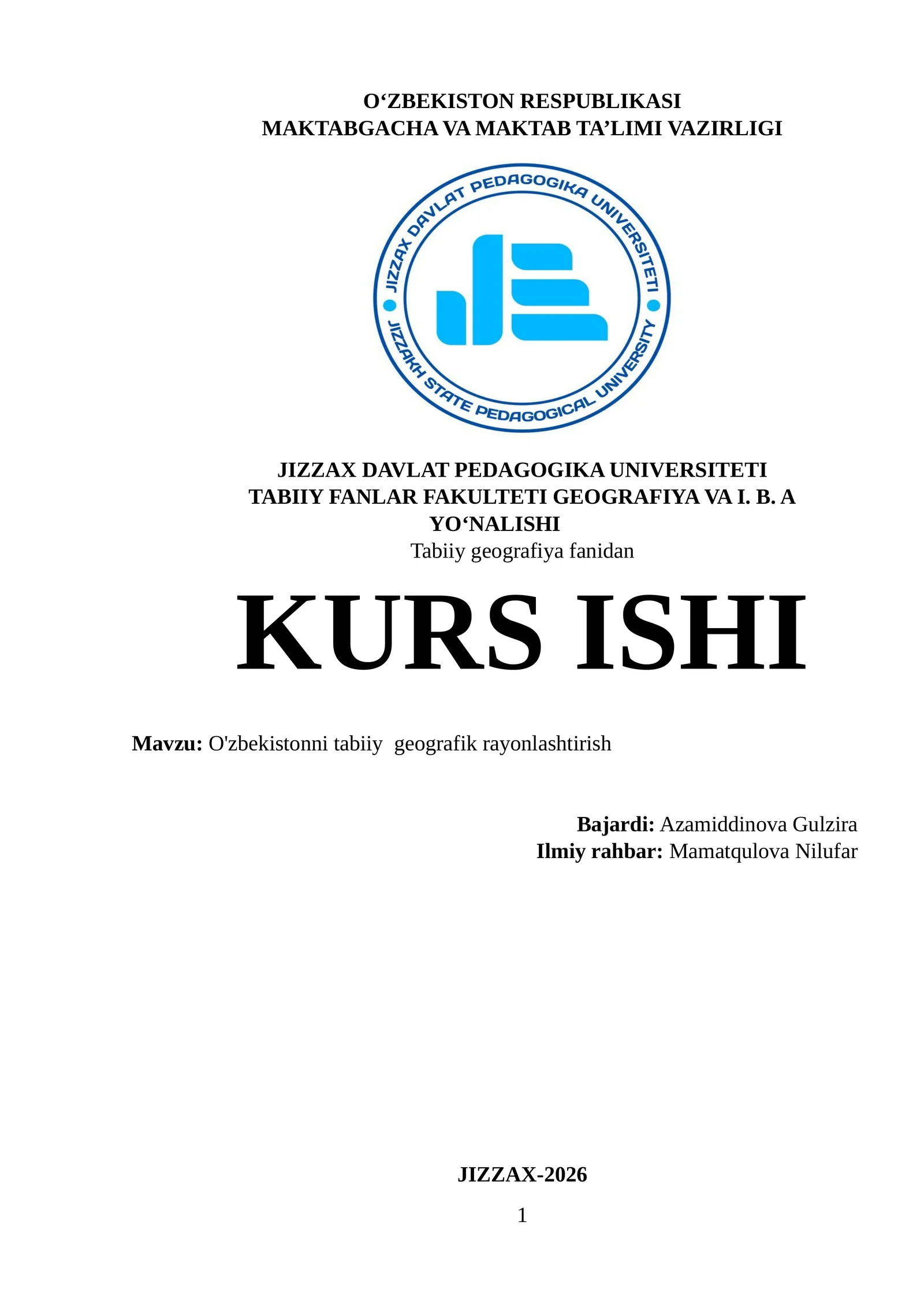 O'zbekistonni tabiiy geografik rayonlashtirish