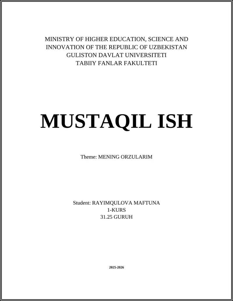 MENING ORZULARIM - RAYIMQULOVA MAFTUNA