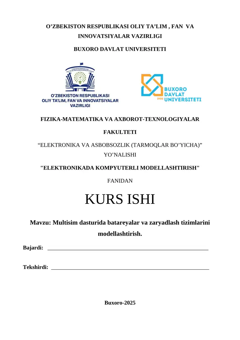 Multisim dasturida batareyalar va zaryadlash tizimlarini modellashtirish