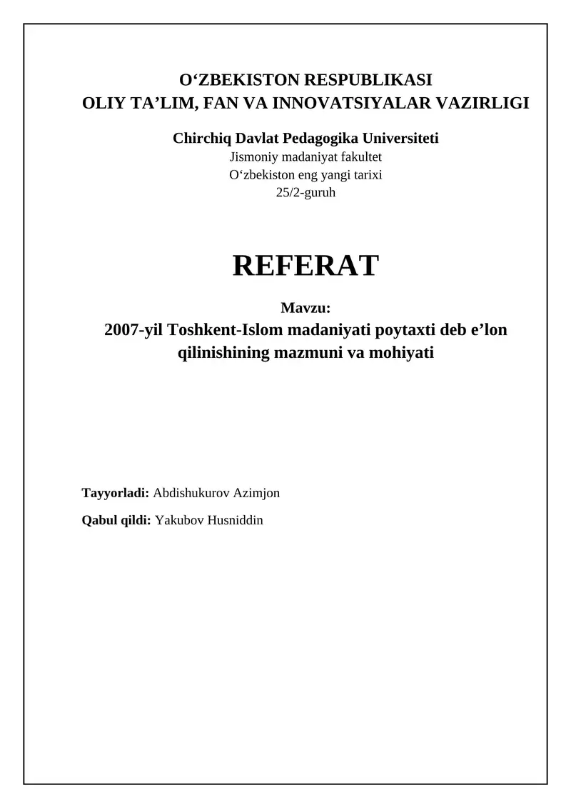 Toshkent – Islom madaniyati poytaxti: Tarix va ahamiyat