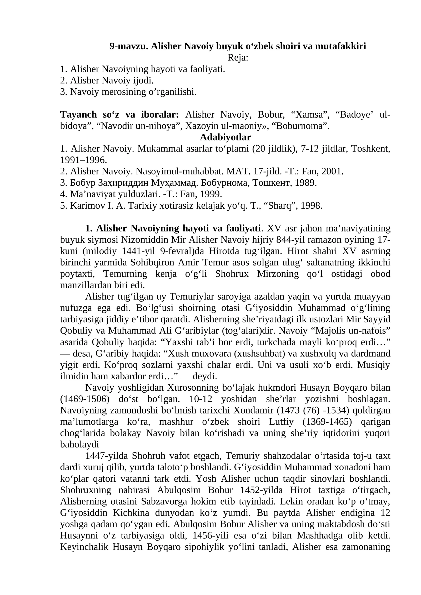 9-mavzu. Alisher Navoiy buyuk o‘zbek shoiri va mutafakkiri