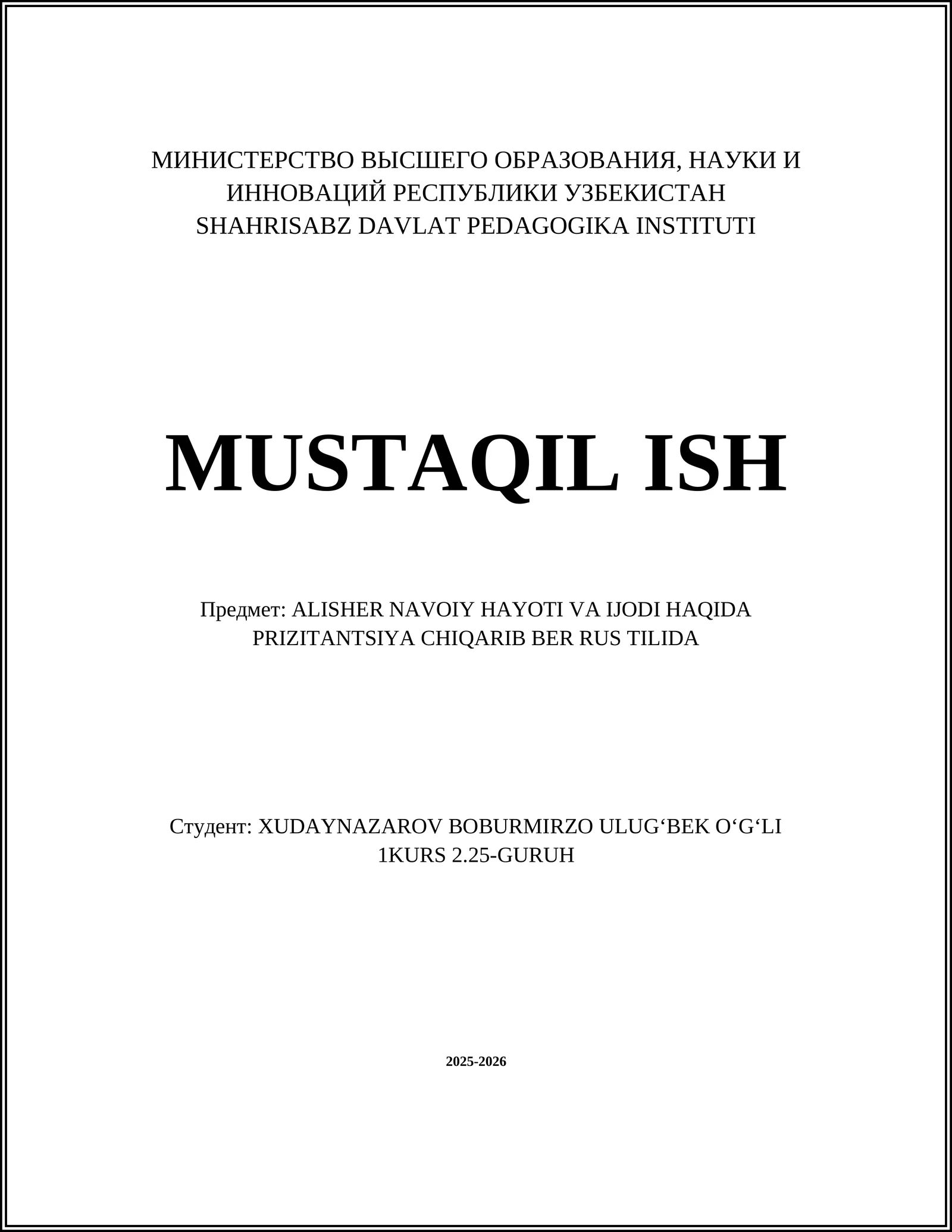 ALISHER NAVOIY HAYOTI VA IJODI HAQIDA PRIZITANTSIYA CHIQARIB BER RUS TILIDA