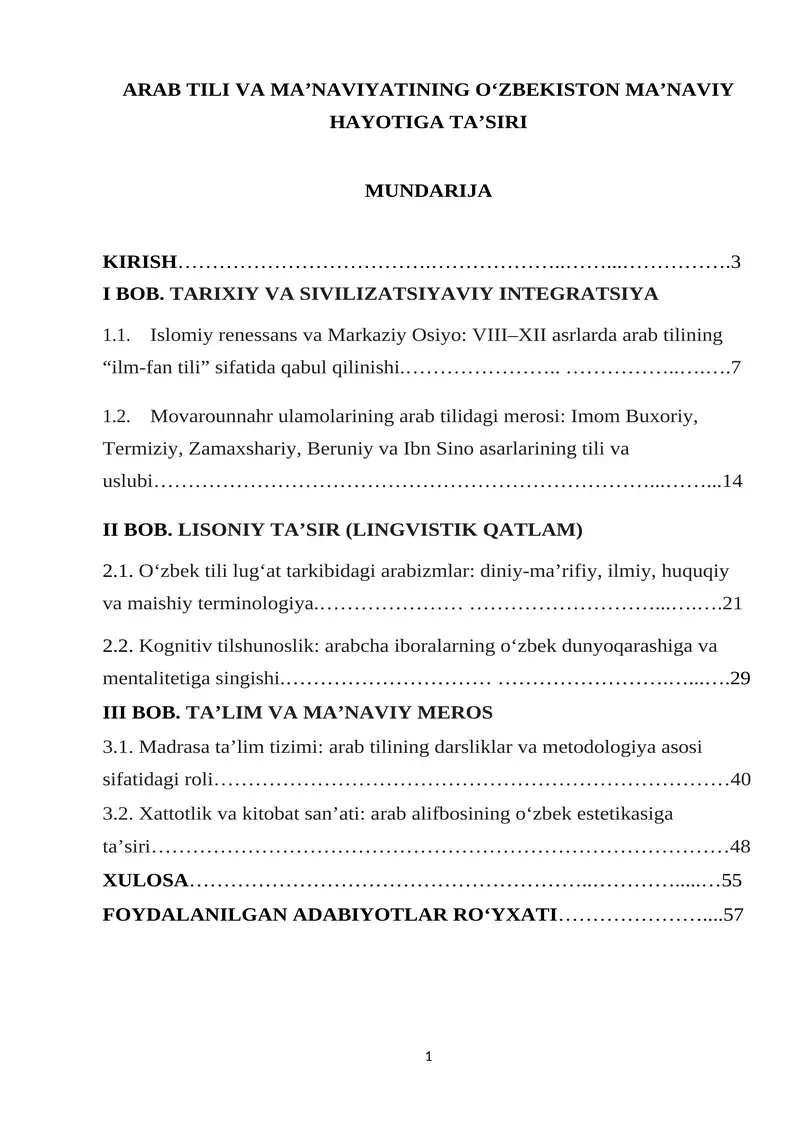DIPLOM ISHI Arab tili va ma'naviyatining o'zbekiston ma'naviy hayotiga ta'siri