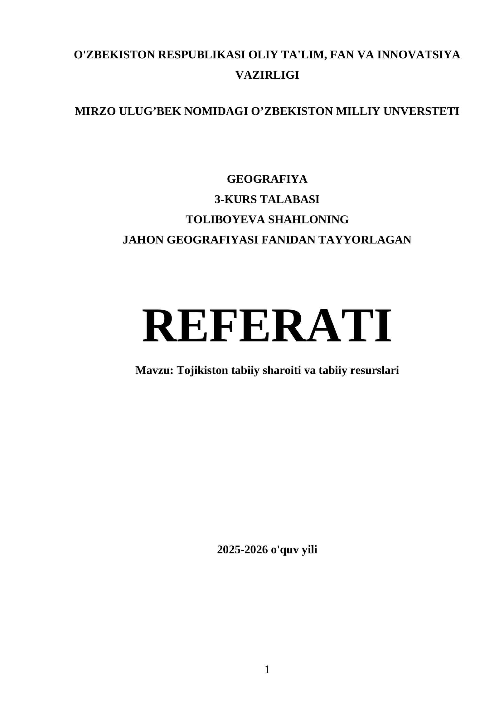 Tojikiston tabiiy sharoiti va tabiiy resurslari