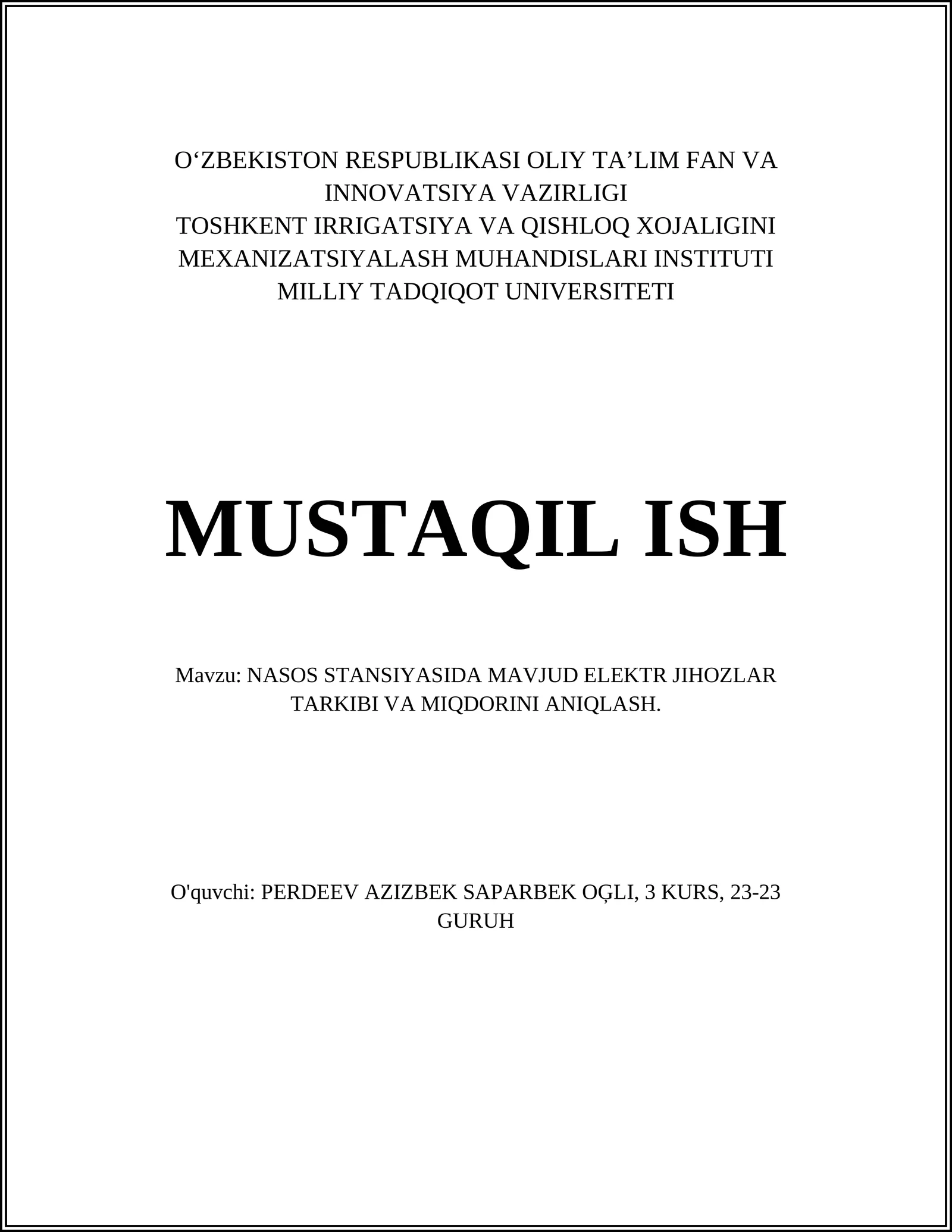 NASOS STANSIYASIDA MAVJUD ELEKTR JIHOZLAR TARKIBI VA MIQDORINI ANIQLASH