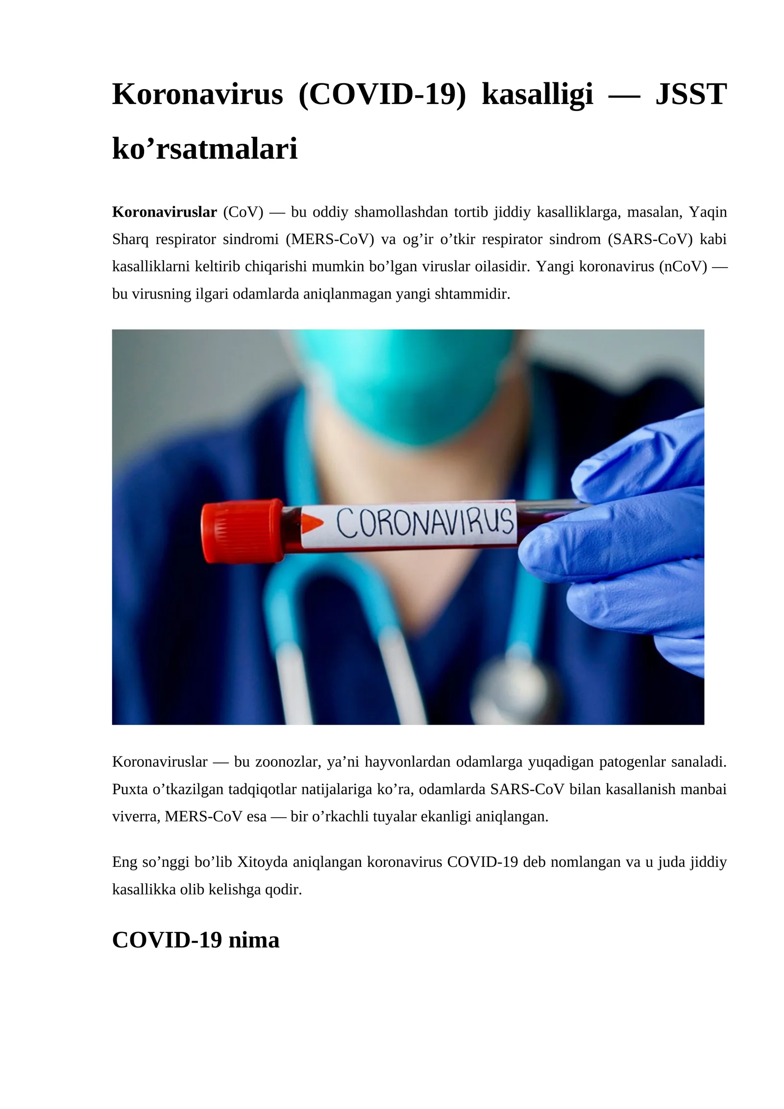 Koronavirus (COVID-19) kasalligi - JSST ko’rsatmalari