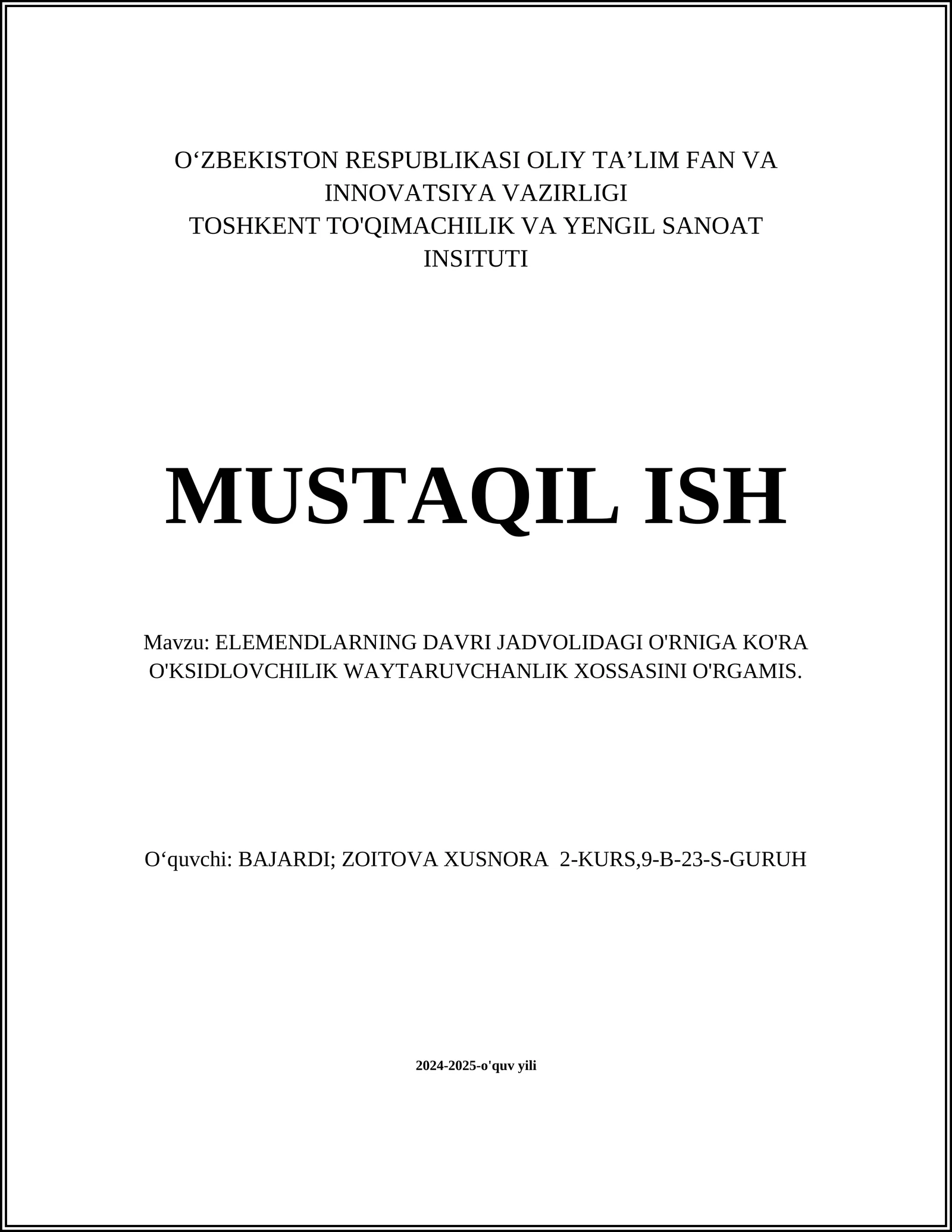 Elementlarning oksidlovchi xossalari