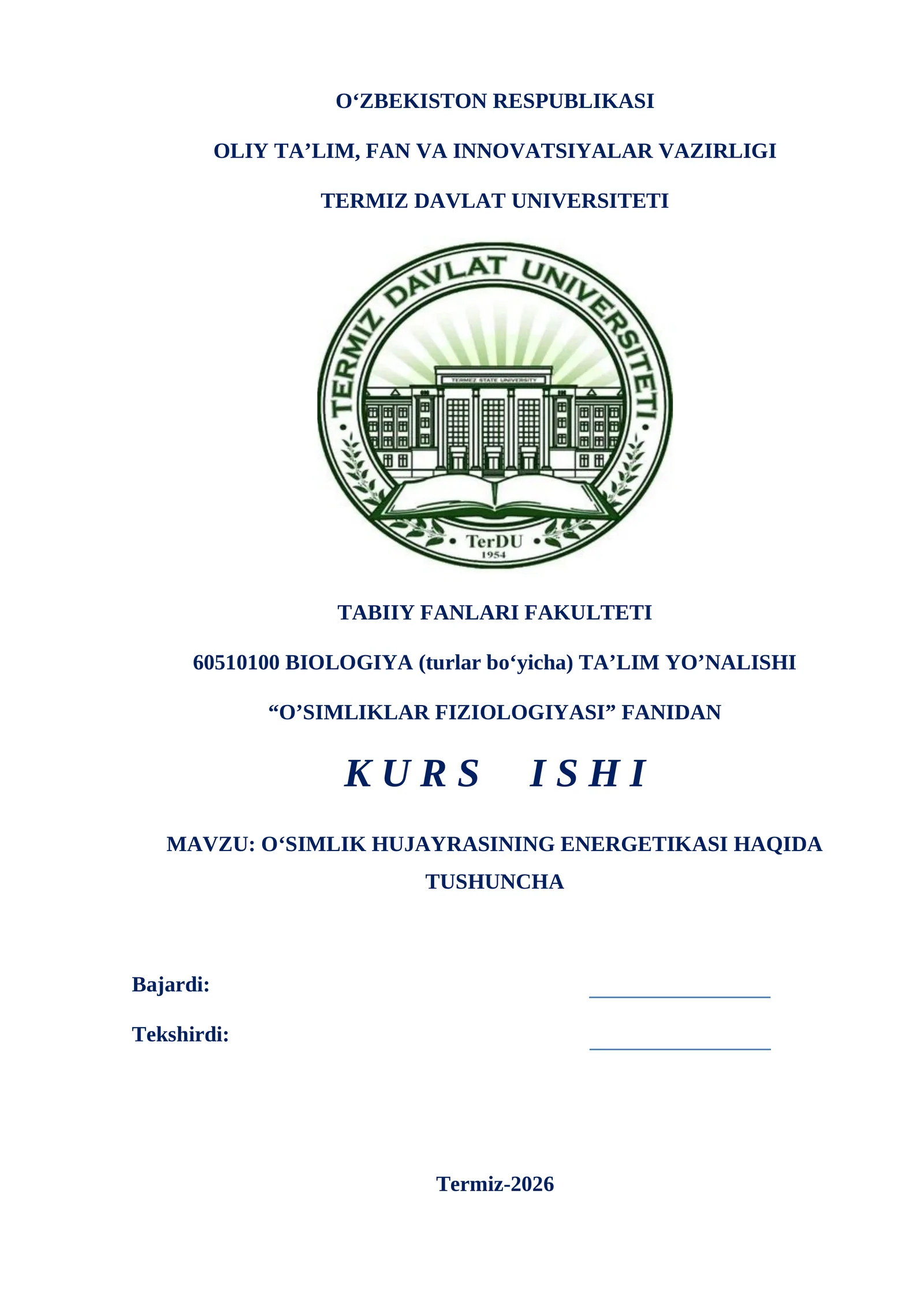 O‘SIMLIK HUJAYRASINING ENERGETIKASI HAQIDA TUSHUNCHA