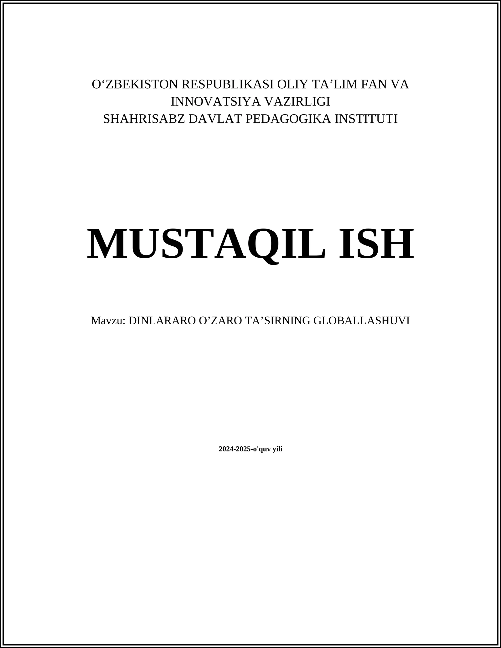 DINLARARO OʼZARO TAʼSIRNING GLOBALLASHUVI