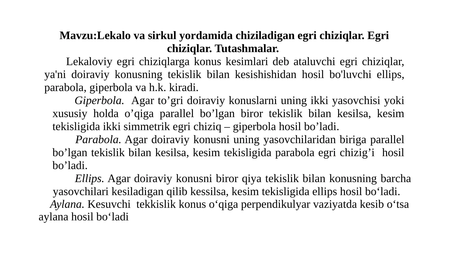 Lekalo va sirkul yordamida chiziladigan egri chiziqlar. Egri chiziqlar. Tutashmalar