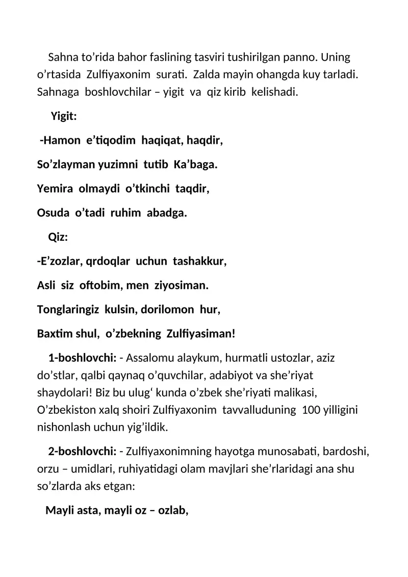 Zulfiyaxonim tavalludining 100 yilligini nishonlash