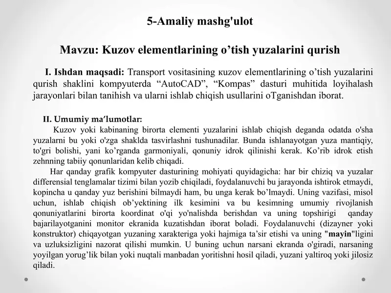 Kuzov elementlarining o’tish yuzalarini qurish