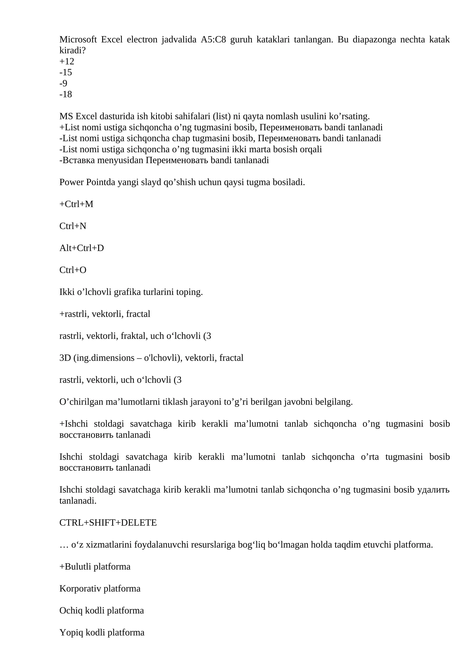 Axborot texnologiyalarini kasbiy faoliyatda qo'llash fanidan yakuniy nazorat testi javoblari