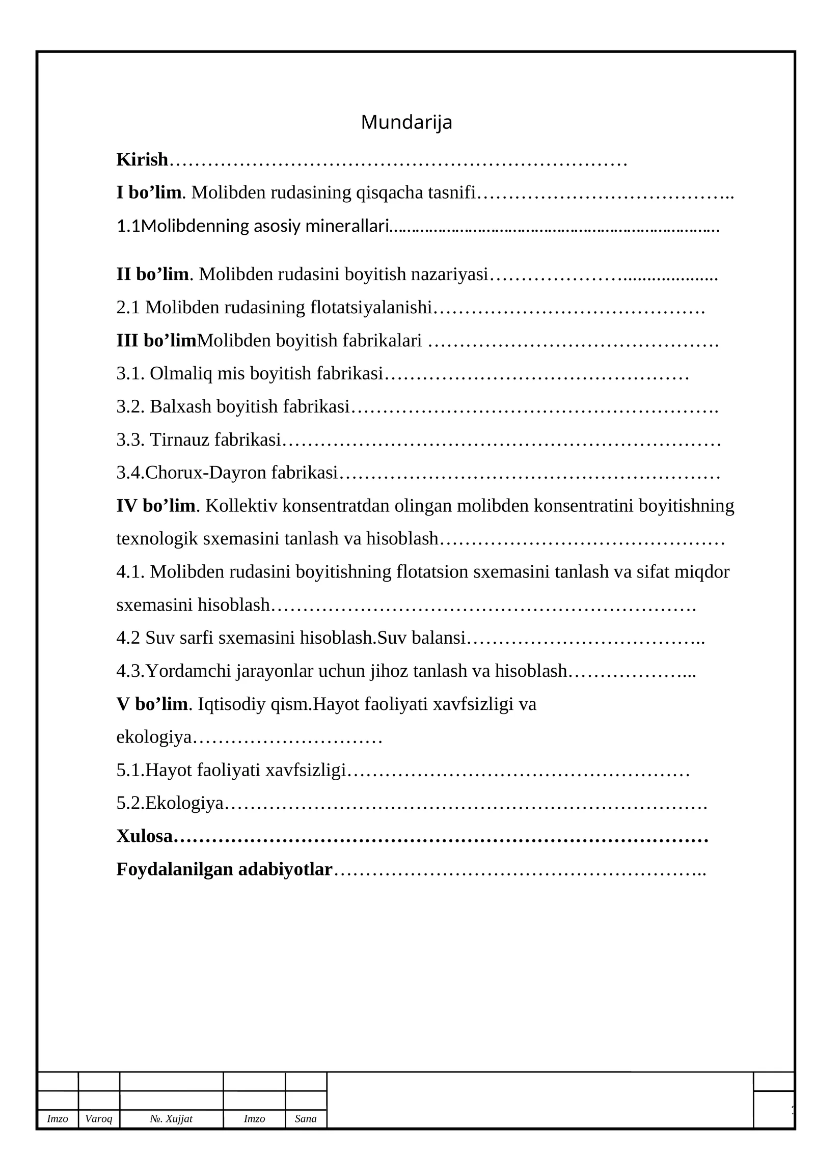 kollektiv konsentratdagi molibdenni boyitish texnologiyasi diplom ishi