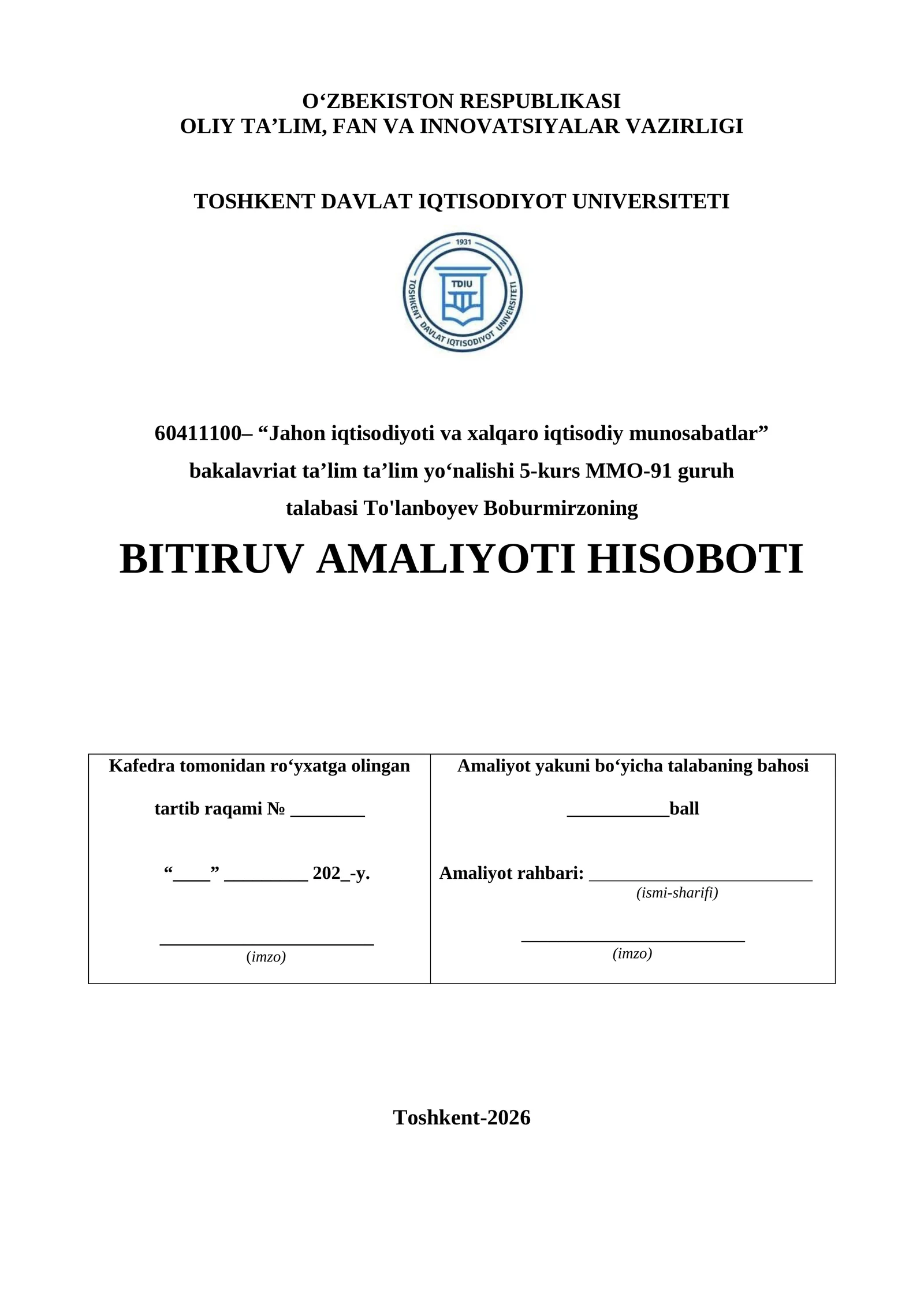 AXBOROT AGENTLIGI FAOLIYATI BOʻYICHA BITIRUV AMALIYOTI HISOBOTI